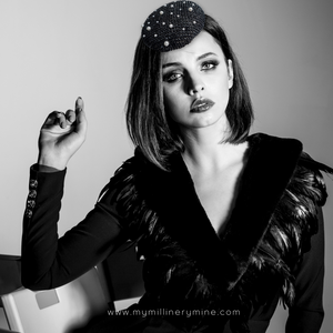 Black Button PP Straw Cocktail Hat with Pearls Black Button PP Straw Cocktail Hat with Pearls