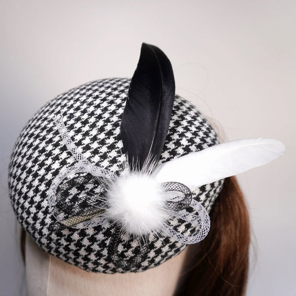 Black and White Houndstooth Fascinator with Bow Black and White Houndstooth Tweed and Felt Fascinator Half  main image 3