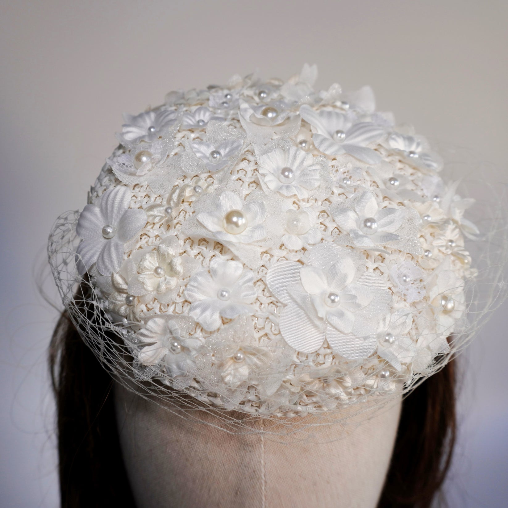 Vintage Floral Crown Headpiece – Ivory Fabric Flowers – Bridal Cocktail Hat Vintage Floral Headband Veil Hat, Whimsy Hat, Vintage Hat  main image 3