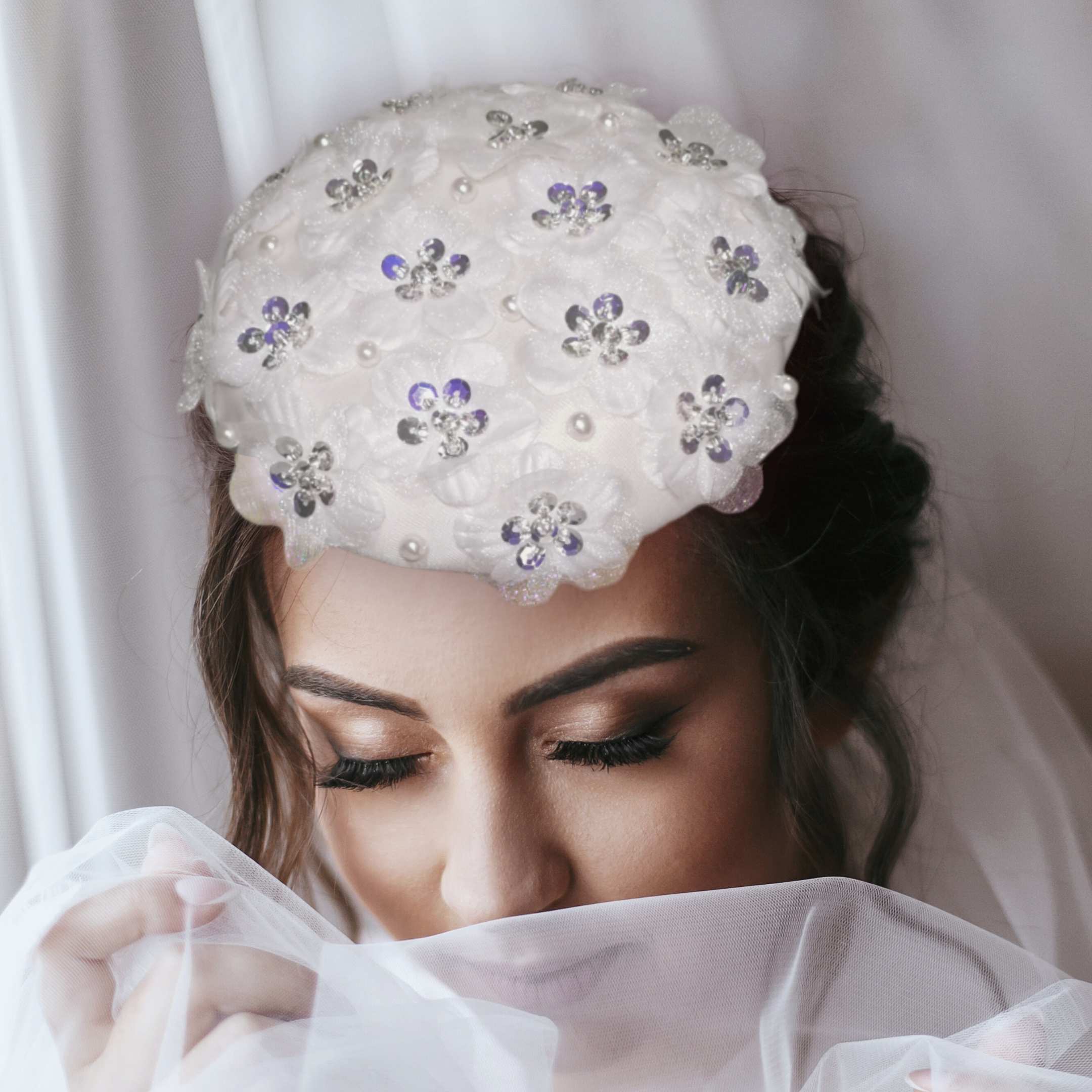 Gladys & Belle Ivory Beaded Soutache Halo‎ Beret Cocktail Hat Bridal OS White Roses Southern Belle Wedding Hat - Dallas — East Angel  main image 3