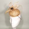 Beige Pink Flower Sinamay Cocktail Hat with Veil Net on white Mannequin Head