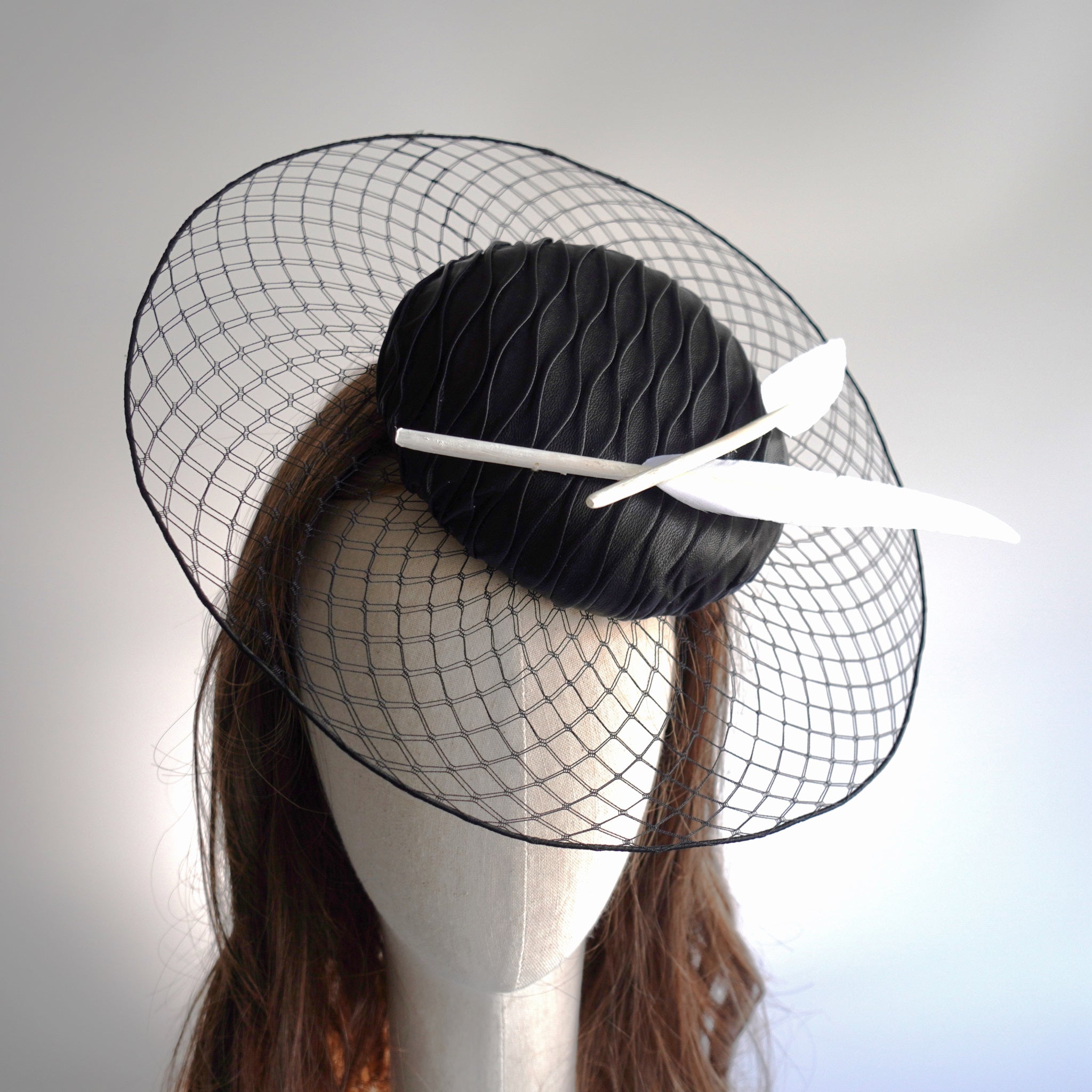 My Millinery Mine︱Black Faux Leather Veiling Disc with Feathers