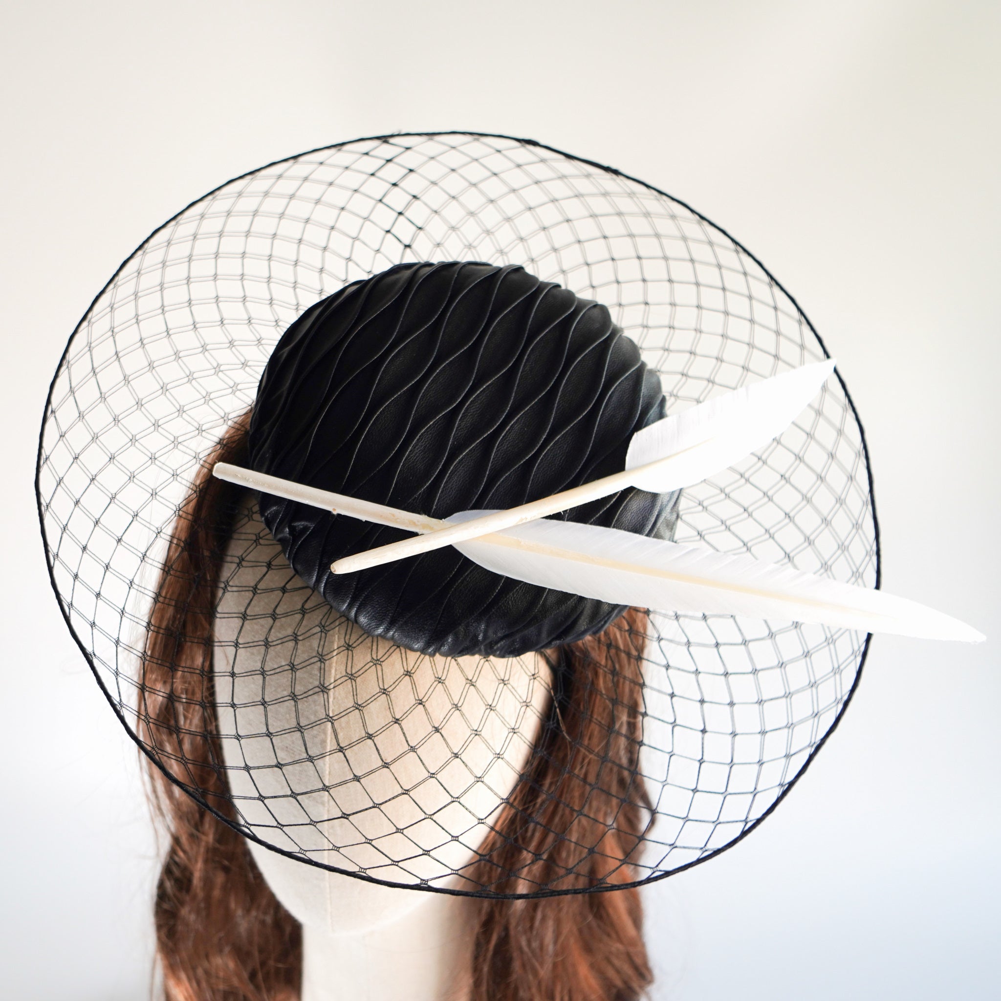 My Millinery Mine︱Black Faux Leather Veiling Disc with Feathers