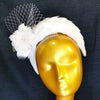white goose feathers sinamay halo headband with feather flower & veiling which support by comb & hat elastic on mannequin head
